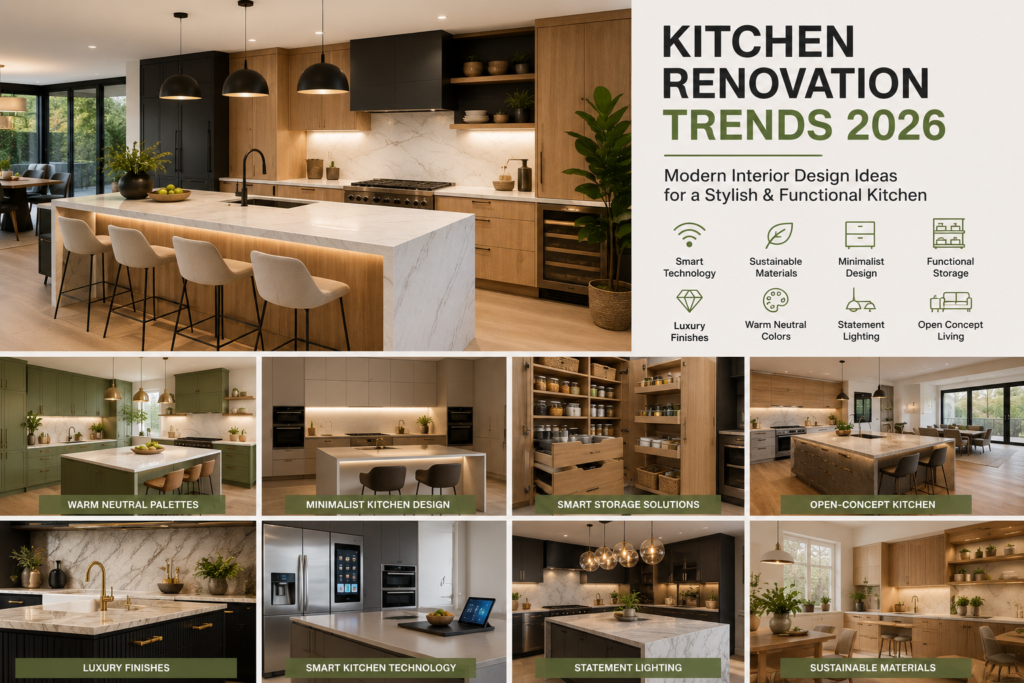Kitchen Renovations Ideas Modern luxury kitchen interior featuring a large island, quartz countertops, warm wood cabinetry, smart appliances, and contemporary lighting in a newly renovated 2026 home.
