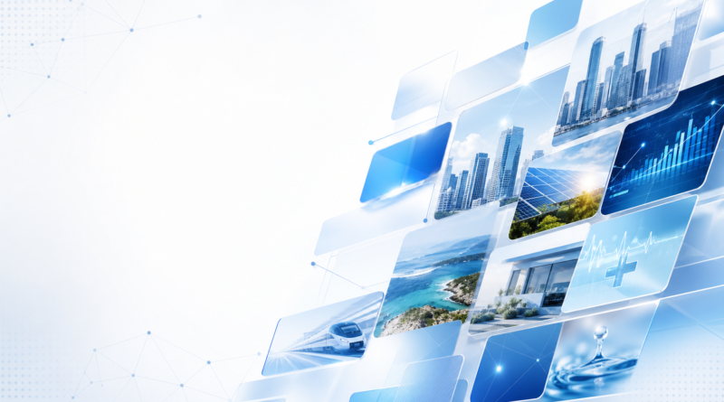 Abstract blue and white editorial mosaic banner for WebMosaic